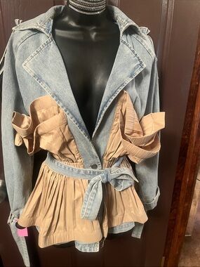 Diva Light Blue Denim and Tan Pleated Mixed-Media Jacket